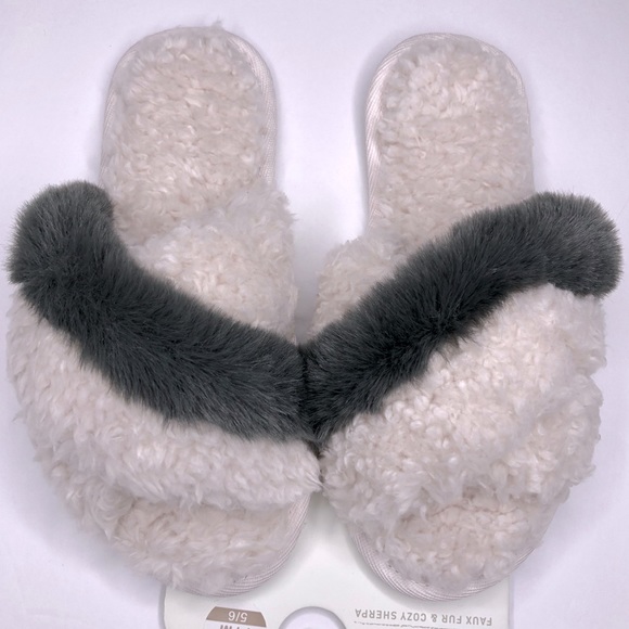 LEMON Gray Faux Fur & Creme Faux Sherpa Slippers Crisscross Style Sz S/M 5-6 - Picture 5 of 10